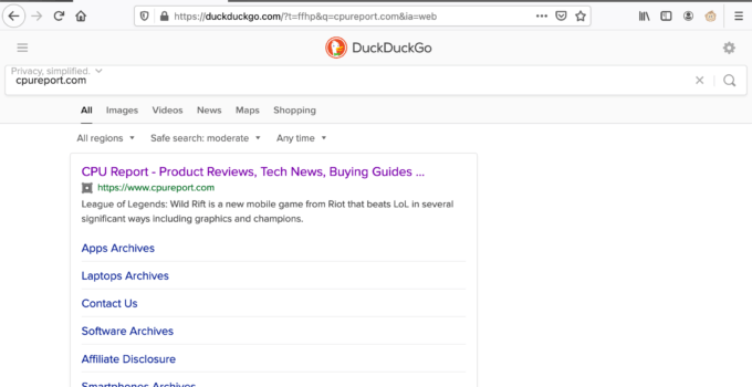 CPUReport.com using DuckDuckGo in Firefox