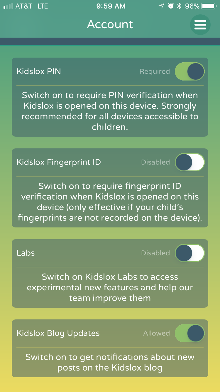 Kidslox Parental Control App Account Screen