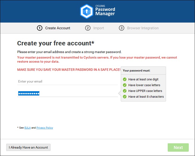 Cyclonis Password Manager - Create Master Password