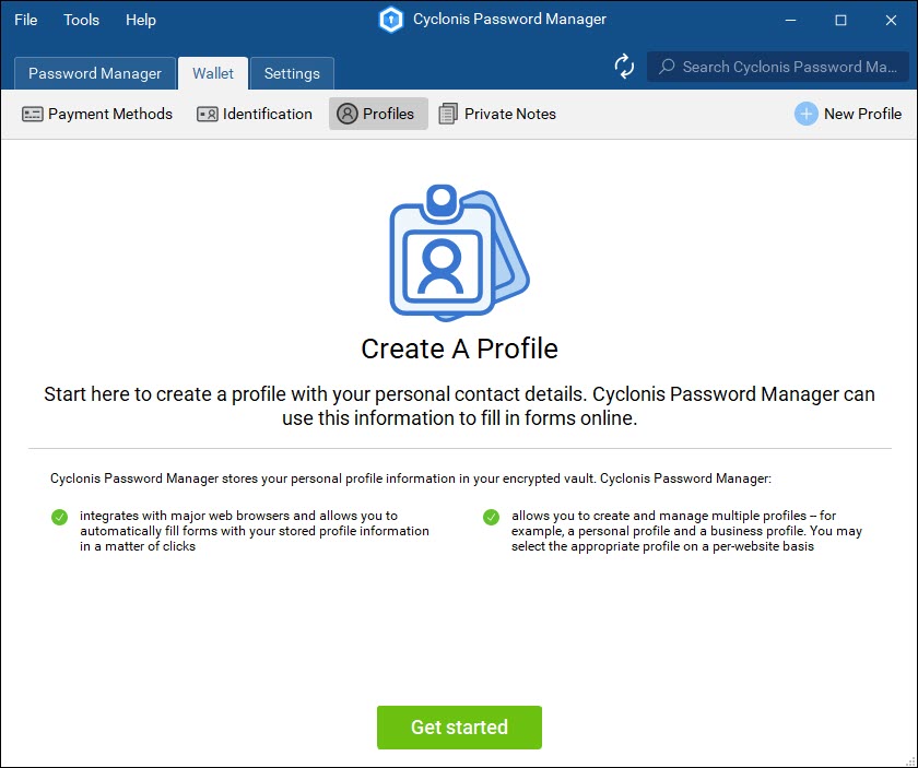 Cyclonis Password Manager - Create Wallet Profile