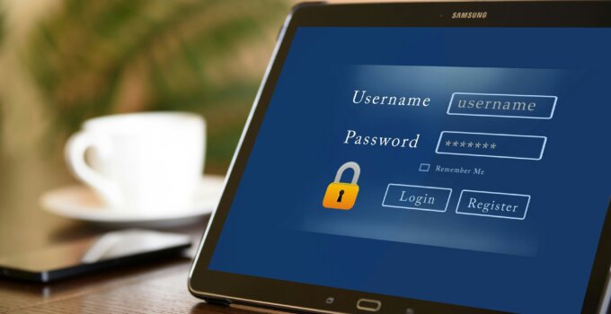 User account is logging in a tablet during coffee break