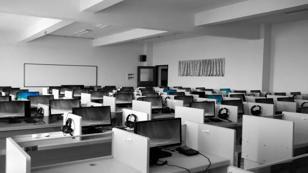 Technology in the classroom: Computer lab with headphones for learning programs