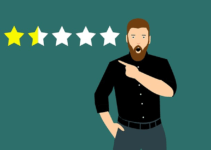 Man shocked and pointing at 1.5 star review