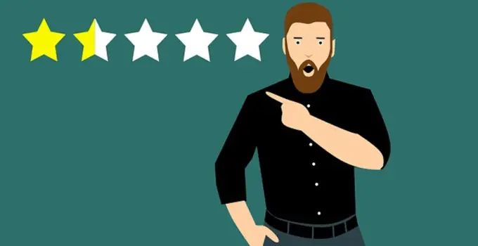 Man shocked and pointing at 1.5 star review