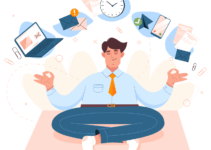 Alternative ways to outsource your IT work - vector image of man doing yoga thinking about work
