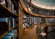 Brown wooden book shelves with books. AI-assisted education is the future of learning.