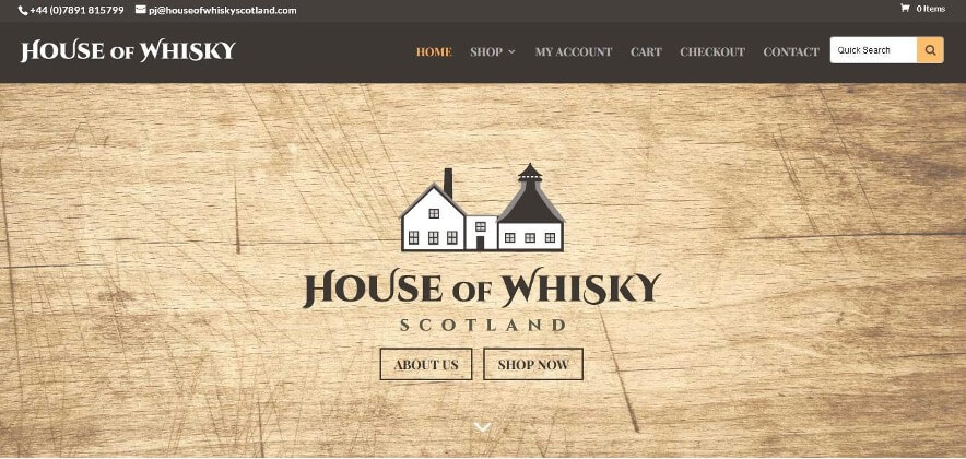 Screen capture of House of Whisky Scotland's WordPress eCommerce site designed to sell.