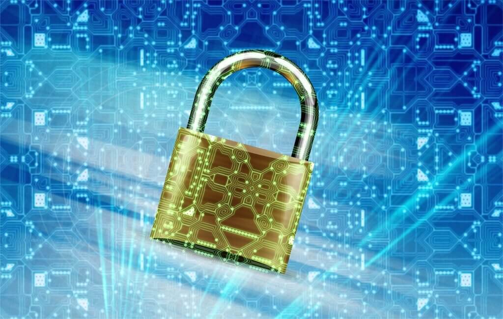 Data privacy is critical for small businesses Digitally designed golden lock in a cyber environment to keep data private
