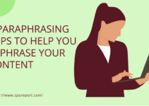 Graphic showing woman holding laptop using paraphrasing tools