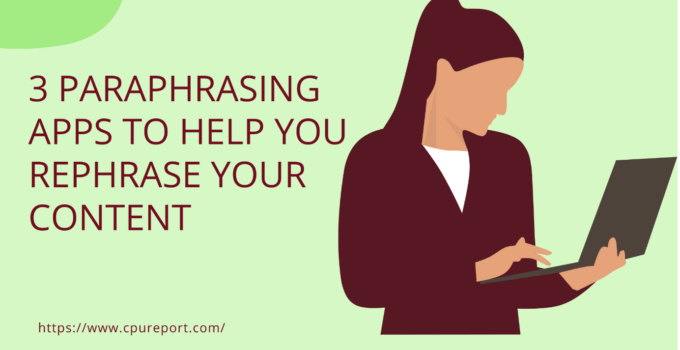 Graphic showing woman holding laptop using paraphrasing tools