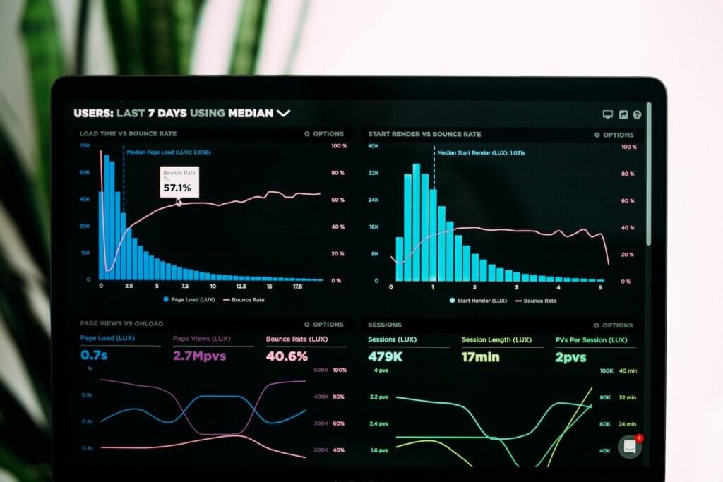 Graphs of performance analytics on a laptop screen showing digital marketing benefits