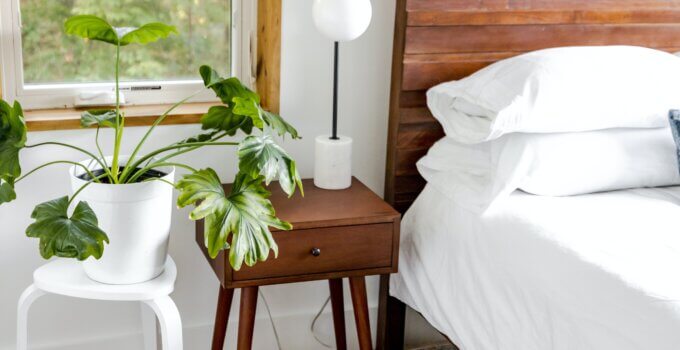 Modern rustic wooden bed frame white potted green plant on brown wooden table
