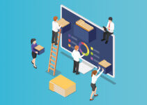 Employees filing documents in digital screen monitor