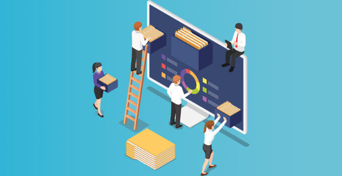 Employees filing documents in digital screen monitor