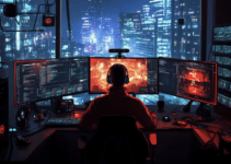 A man playing an interactive PC game using proxy