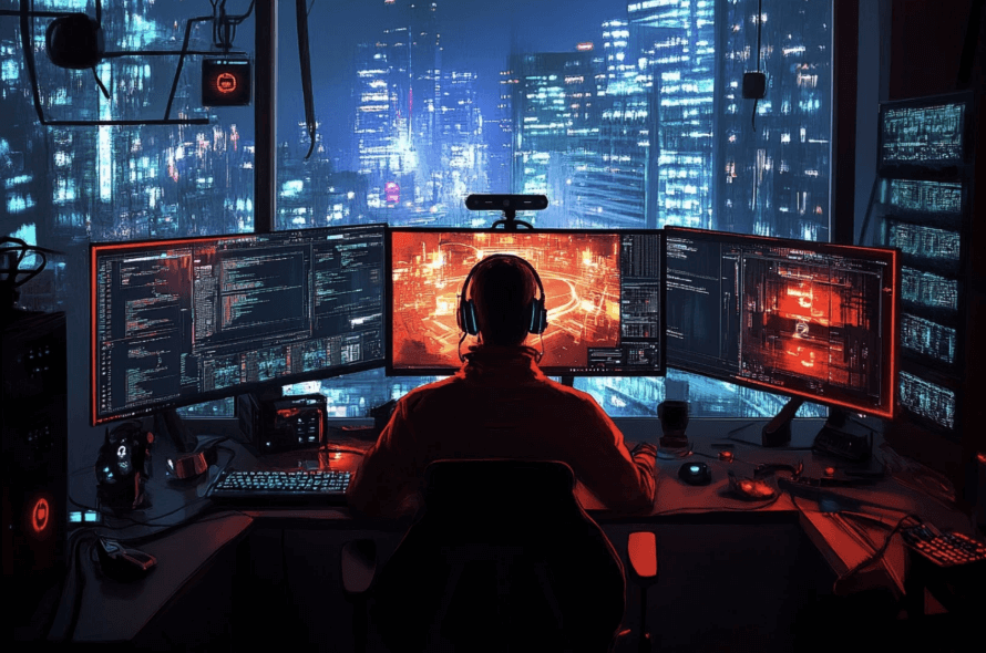 A man playing an interactive PC game using proxy